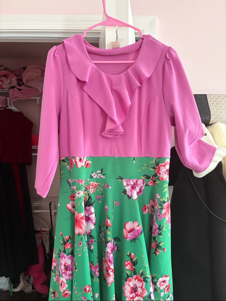 Girls Pink Ruffle Bodice Green Floral Skater Dress